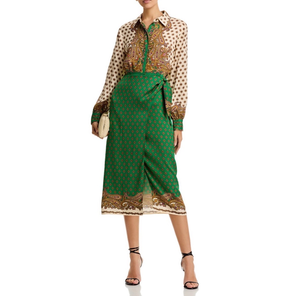 Elie Tahari Vero Midi Silk Dress 2 Paisley Collared Button Down Slit Long Sleeve